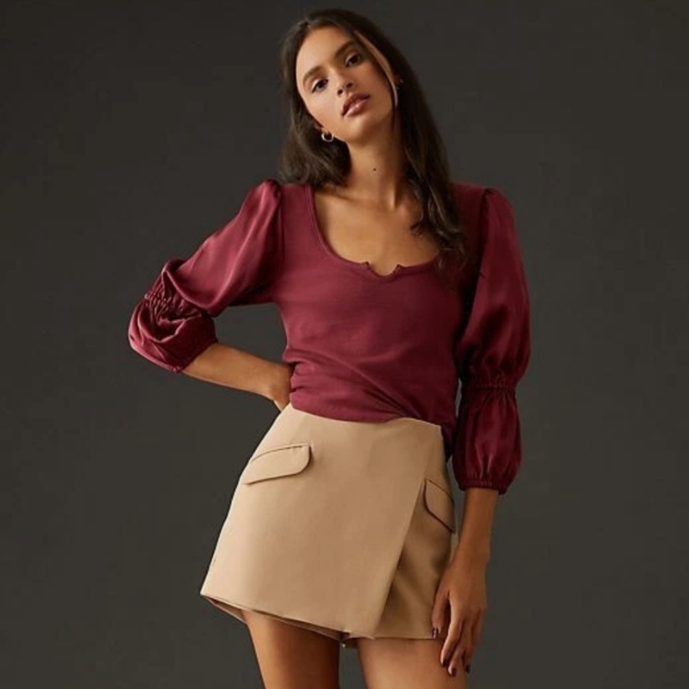Anthropologie Maeve Ribbed Tiered Satin Sleeve Blouse